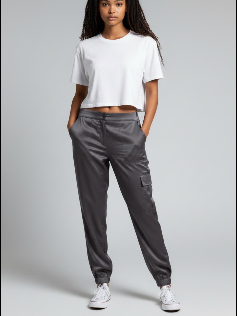 Go silk pants, silk Woven Cargo Jogger Pants in silver gray size small